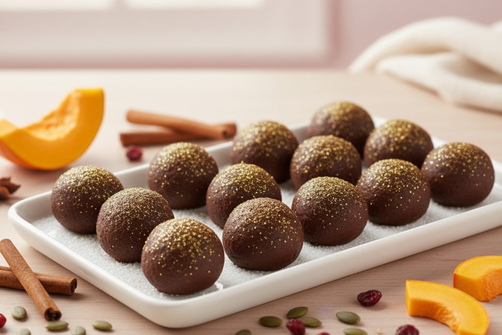 Trufas de calabaza caseras sobre bandeja de madera con ingredientes naturales